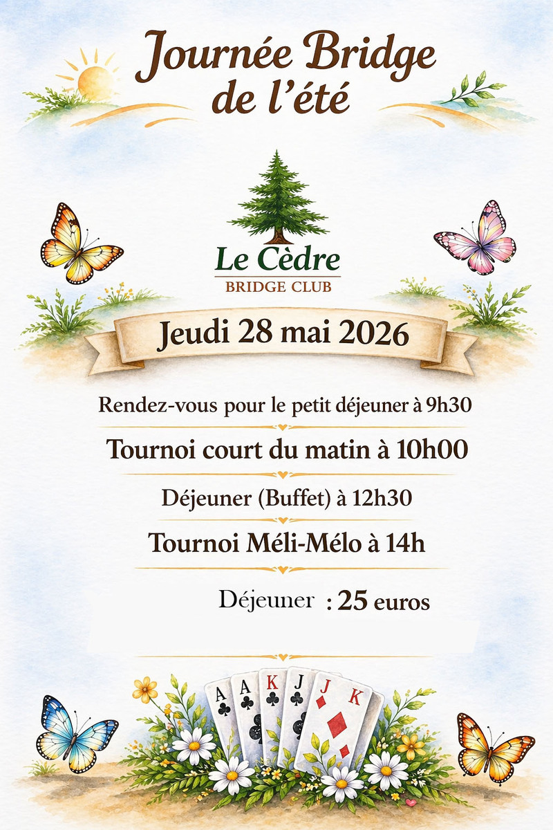Journée Bridge de l'été le 28 mai : 2 tournois entrecoupés d'un déjeuner-buffet