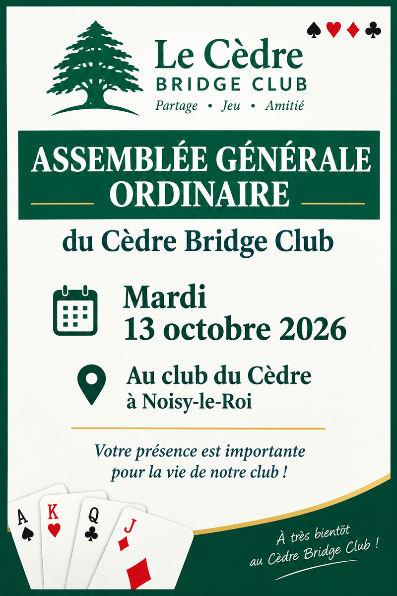 AGO du Cèdre Bridge Club saison 2025/2026 le mardi 13 octobre dès 17h15