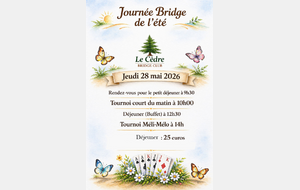 Journée Bridge de l'été le 28 mai : 2 tournois entrecoupés d'un déjeuner-buffet