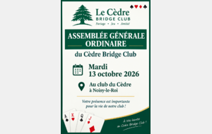 AGO du Cèdre Bridge Club saison 2025/2026 le mardi 13 octobre dès 17h15
