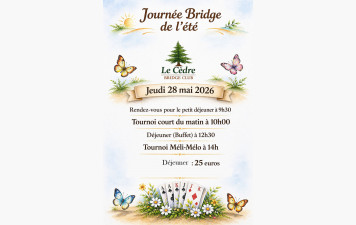 Journée Bridge de l'été le 28 mai : 2 tournois entrecoupés d'un déjeuner-buffet
