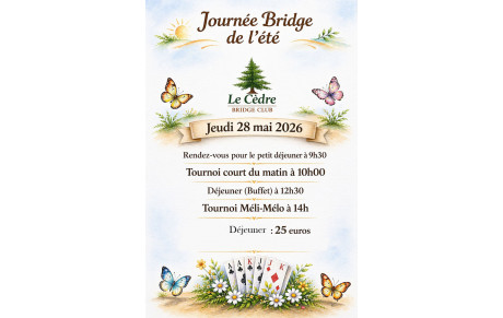 Journée Bridge de l'été le 28 mai : 2 tournois entrecoupés d'un déjeuner-buffet