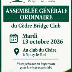AGO du Cèdre Bridge Club saison 2025/2026 le mardi 13 octobre dès 17h15